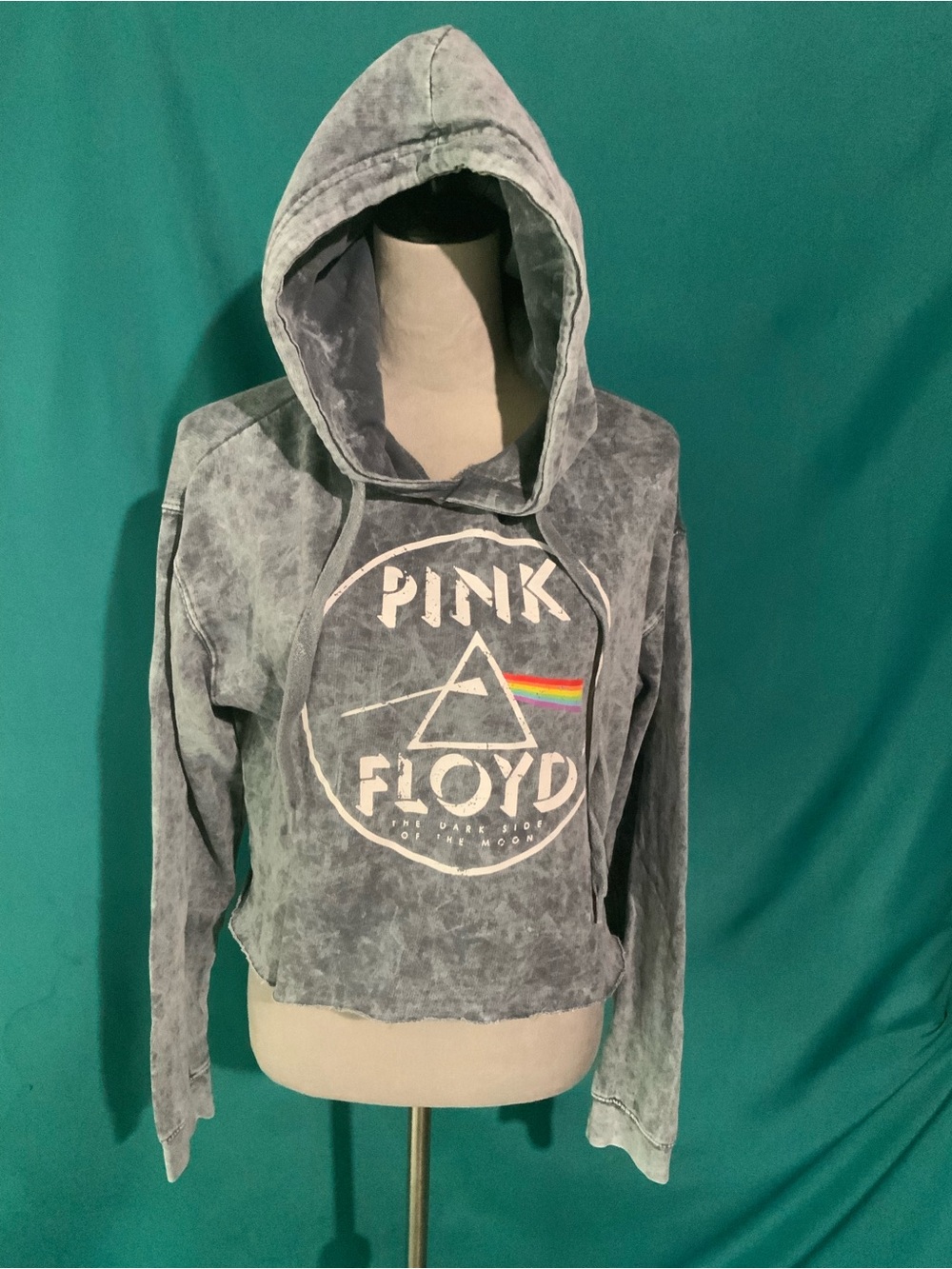 CROPPED Pink Floyd Graphic Hoodie - Washed Gray with Prism Logo